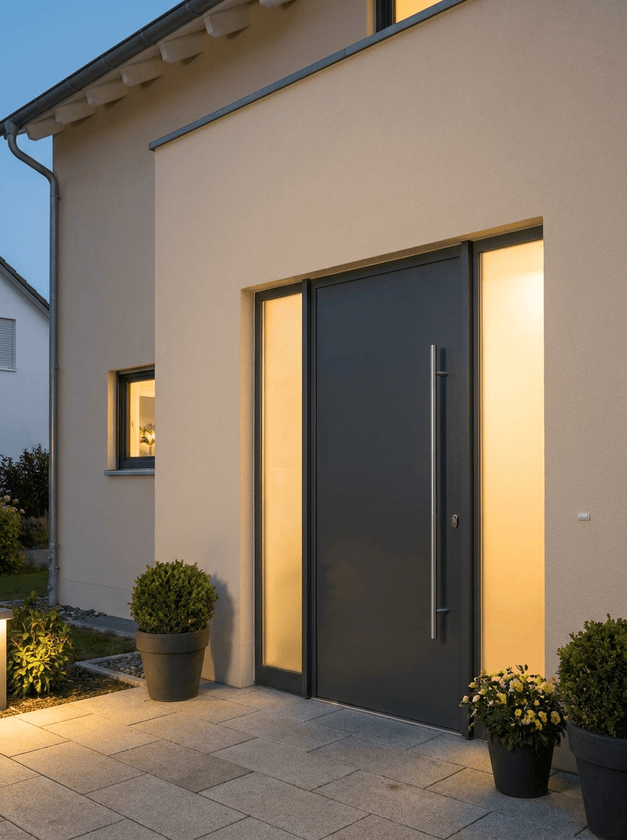 Moderne anthrazitfarbene Aluminium-Haustür mit Edelstahl-Stoßgriff