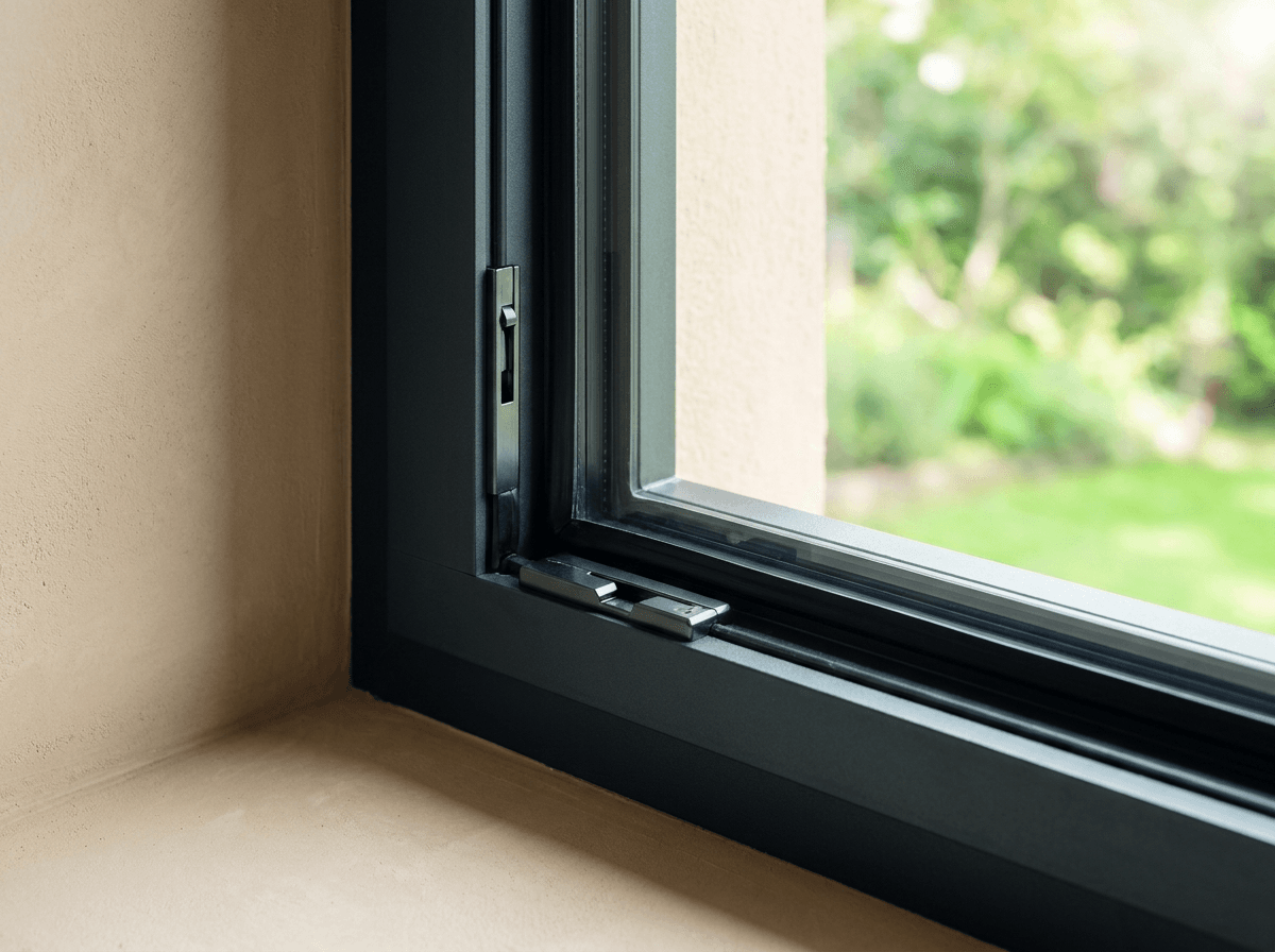 Detail eines modernen anthrazitfarbenen Fensterrahmens mit Dreifachverglasung