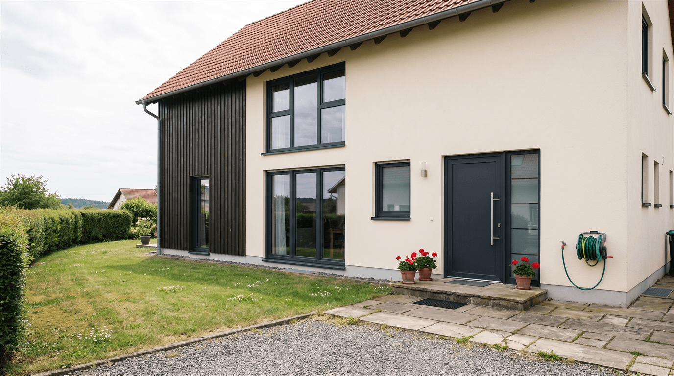 Wohnhaus in Waldeck mit neuen anthrazitfarbenen Fenstern und moderner Haustür